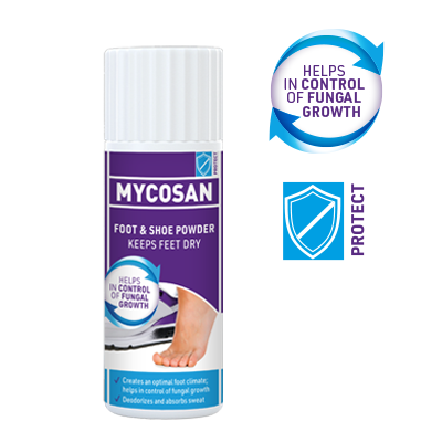 Mycosan Protect Foot & Shoe Powder keeps feet dry and helps in the control of fungal growth